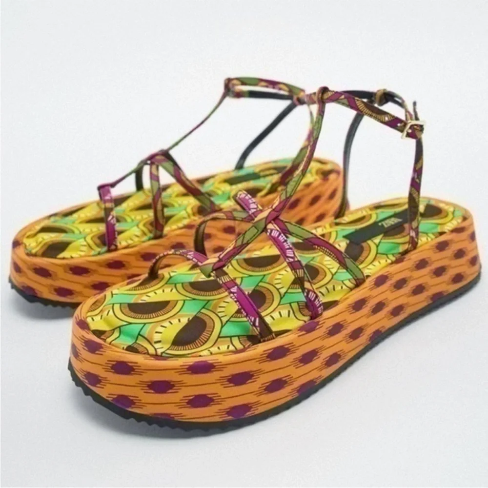Zara Multicolor Patterned Platform Sandals (Green, Yellow, Orange, Purple)